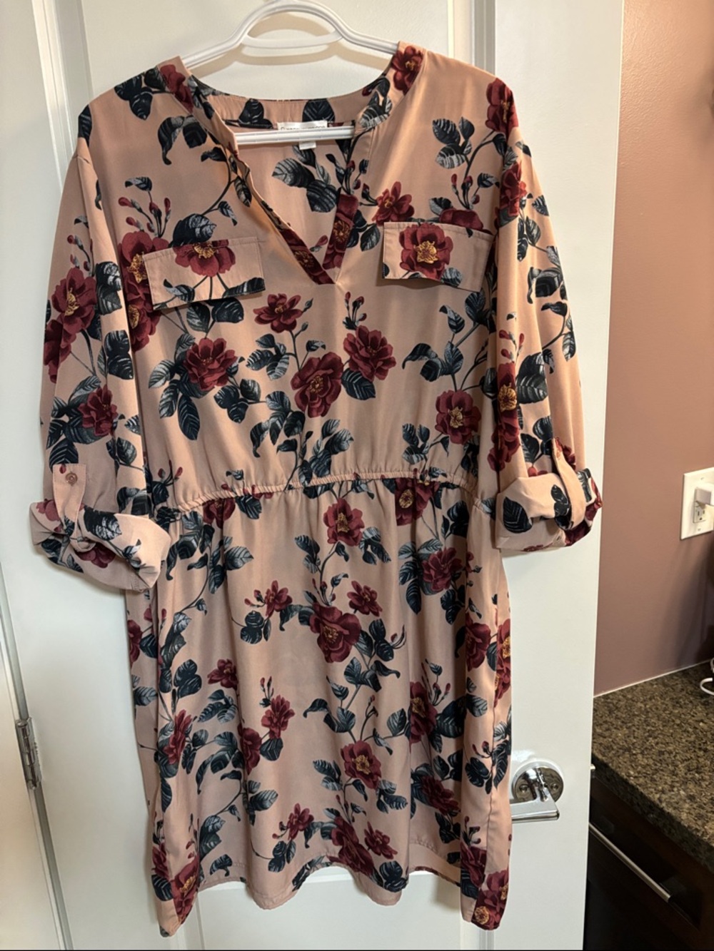 Midi Floral V-Neck Dress in Blush with Burgundy Blooms